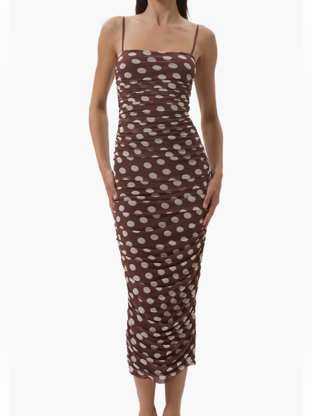 AFRM Brown and White Polka Dot Ruched Midi Dress